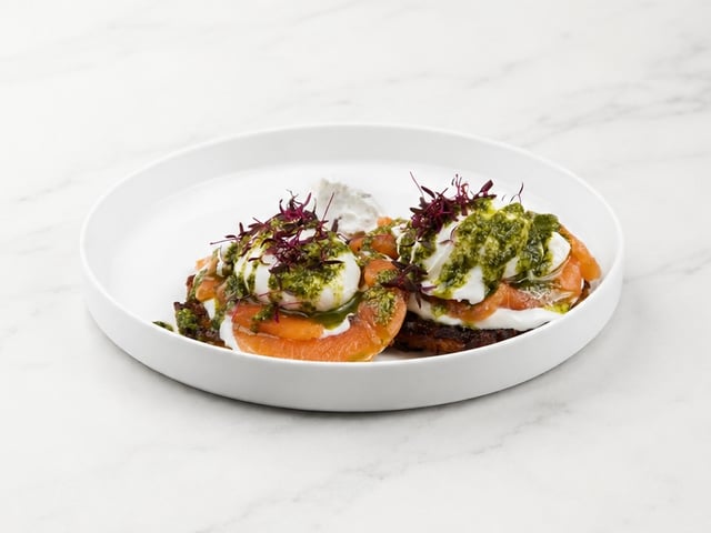 Draniki with salmon, poached eggs and truffle cream cheese