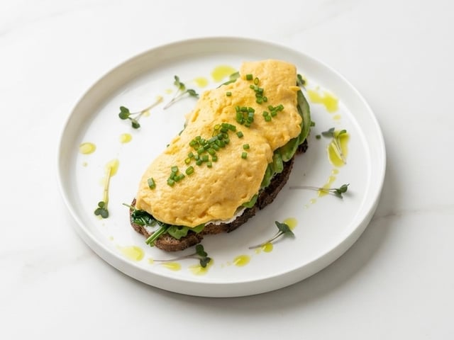 Scrambled eggs with avocado on almond & hazelnut bread