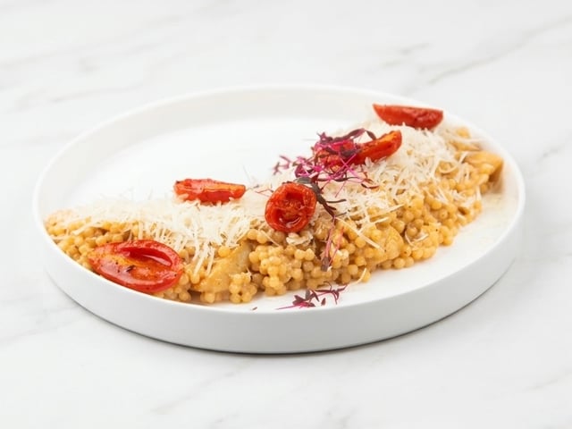 Ptitim with sea scallops in bisque sauce